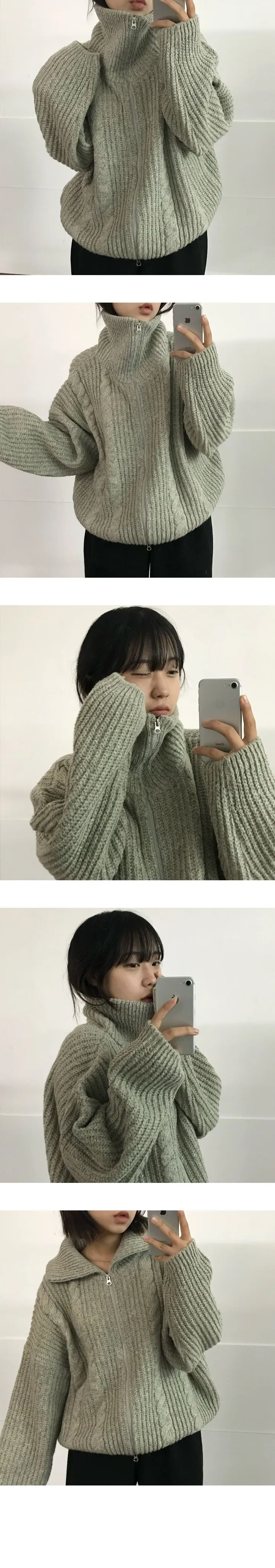 *당일출고*(왕도톰/루즈핏)모에 폭닥 꽈배기 하이넥 투웨이 니트집업 - 5color 상세 이미지 4