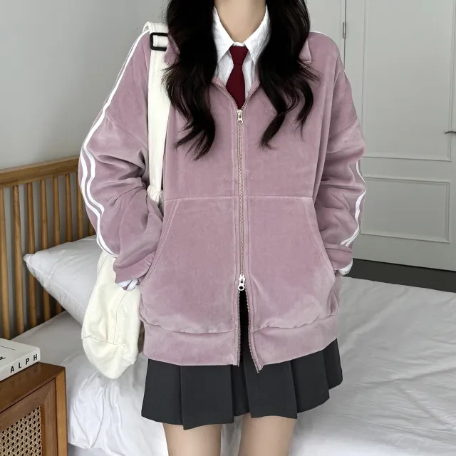 루즈핏 투웨이 지퍼 더블 라인 벨벳 스웨이드 후리스 댄스 트랙탑 져지(4color) 상세 이미지 21