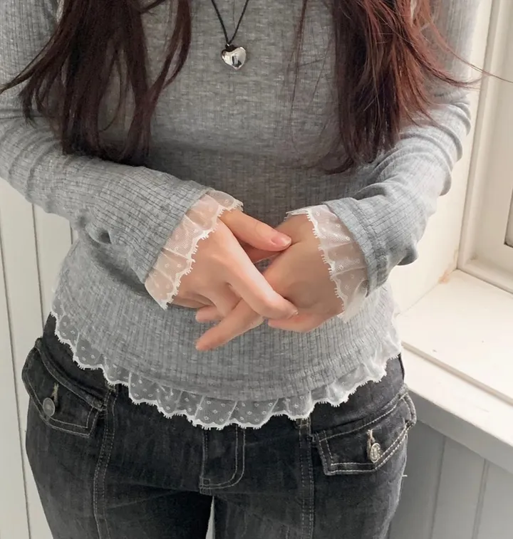 [-3kg🤍여리말라핏]사브리나 여리 레이스 레이어드 프릴 텐션 슬림핏 보트 라운드넥 롱슬리브 티셔츠 4color 상세 이미지 25