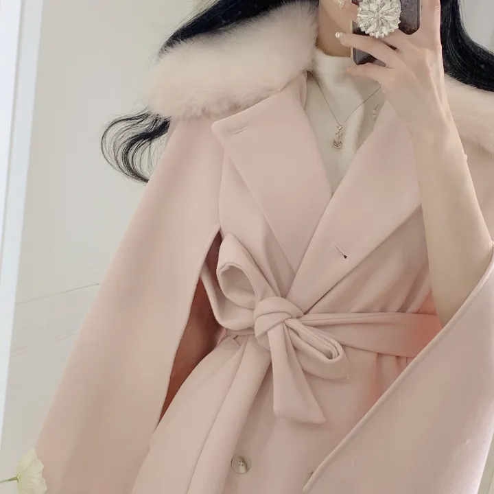 [롱케이프코트💗/고퀄보장✨] 롱VER. 알콩 울 캐시미어 폭스퍼 페이크퍼 밍크퍼 누빔안감 케이프 벨트 버튼 고급 우아 롱 판쵸 코트 망토 자켓 (4color) 연말룩 크리스마스 상세 이미지 13