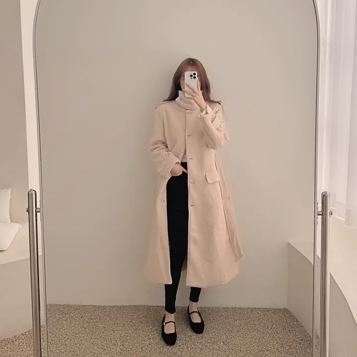 하이넥 부클 뽀글이 파스텔 허리 슬림 벨트 맥시 싱글 롱코트(3color)크리스마스룩 연말룩 상세 이미지 26
