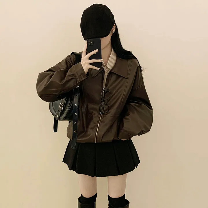 [찐오버핏/고퀄!] 카라 블루종 레더자켓 밴딩 시보리 점퍼 브라운 블랙 상세 이미지 10