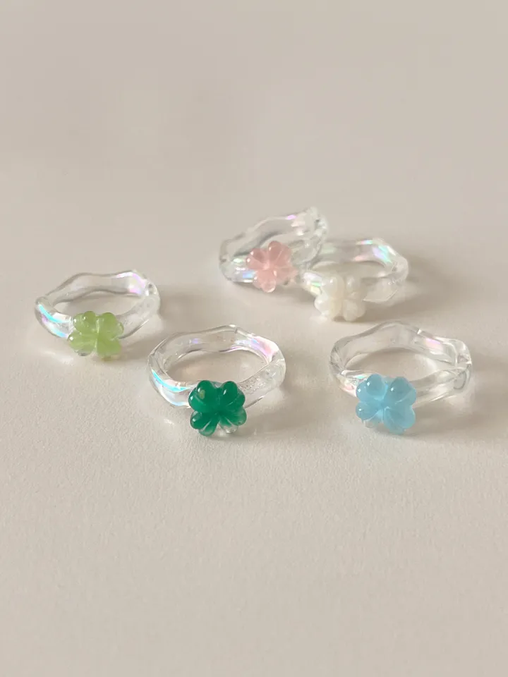 [4PS/제작] 럭키 네잎클로버 행운 아크릴 러블리 진주 반지 세트 (5 color) 상세 이미지 4