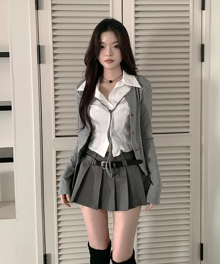 [반팔/긴팔❄일체형💗고퀄ver] 칠리 셔츠 가디건 일체형 레이어드 리본 슬림핏 긴팔 반팔 티셔츠 가디건 봄 겨울 가을 / 하객룩 출근룩 소개팅룩 데이트룩 클래식블랑 상세 이미지 18