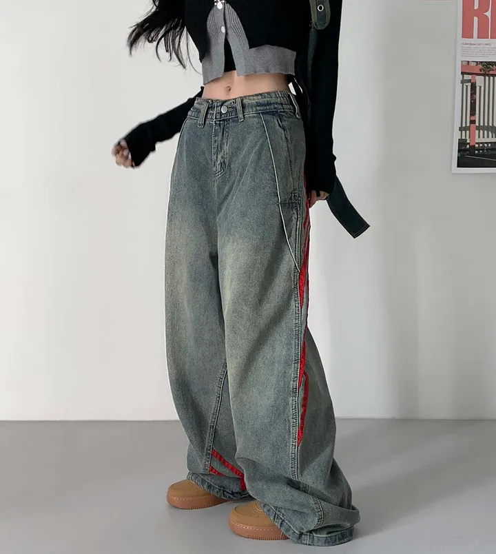 [ 가을신상 ! /  S, M, L   ]레드 라인 데님 트랙팬츠 청바지 * 뒷밴딩 ㅇ * [9OOD PANTS] 상세 이미지 7