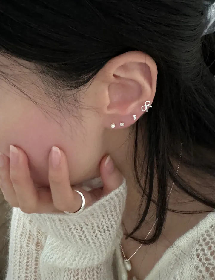 [925silver/4set] charlotte 리본 진주 큐빅 볼 925실버 피어싱세트 상세 이미지 1