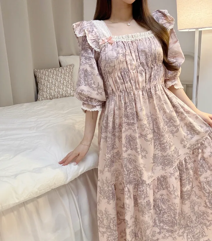 *빠른입고 [주문폭주💞/백화점라인]블루밍핑크 긴팔 원피스 투피스 스퀘어넥 트왈드주이 홈웨어 파자마 커플잠옷 상세 이미지 9
