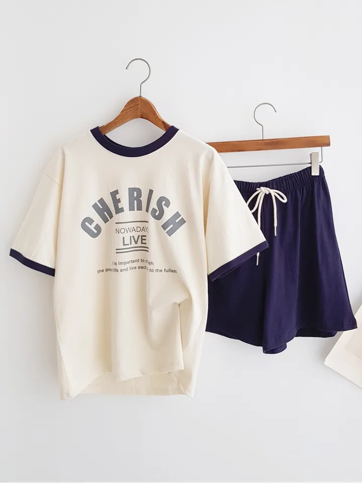 [데일리SET] 꾸안꾸 배색 포인트 레터링 프린트 반팔 티셔츠 밴딩 반바지 여름홈웨어 파자마세트 여름추리닝 트레이닝세트 여름휴가 바캉스룩 물놀이패션 휴양지룩 동남아여행룩 상세 이미지 8
