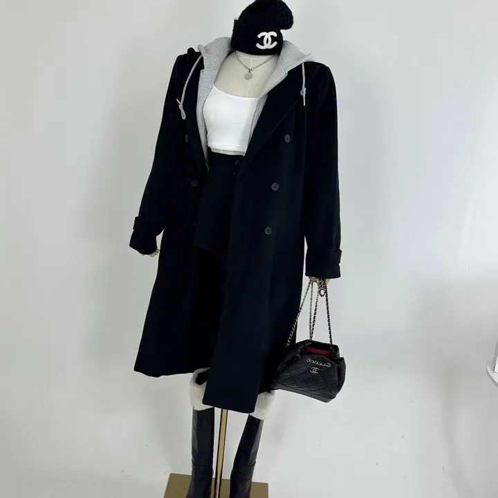 [겨울신상/패드내장/데일리/후드집업일체형] 오버핏 울 모직 쭈리 후드 집업 뒷트임 롱 자켓 코트 상세 이미지 7