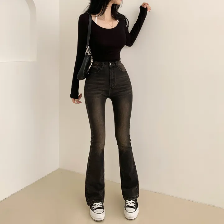 [~XL/인생핏!] 브라운 틴팅 워싱 하이웨스트 흑청 데님 부츠컷 팬츠 상세 이미지 6