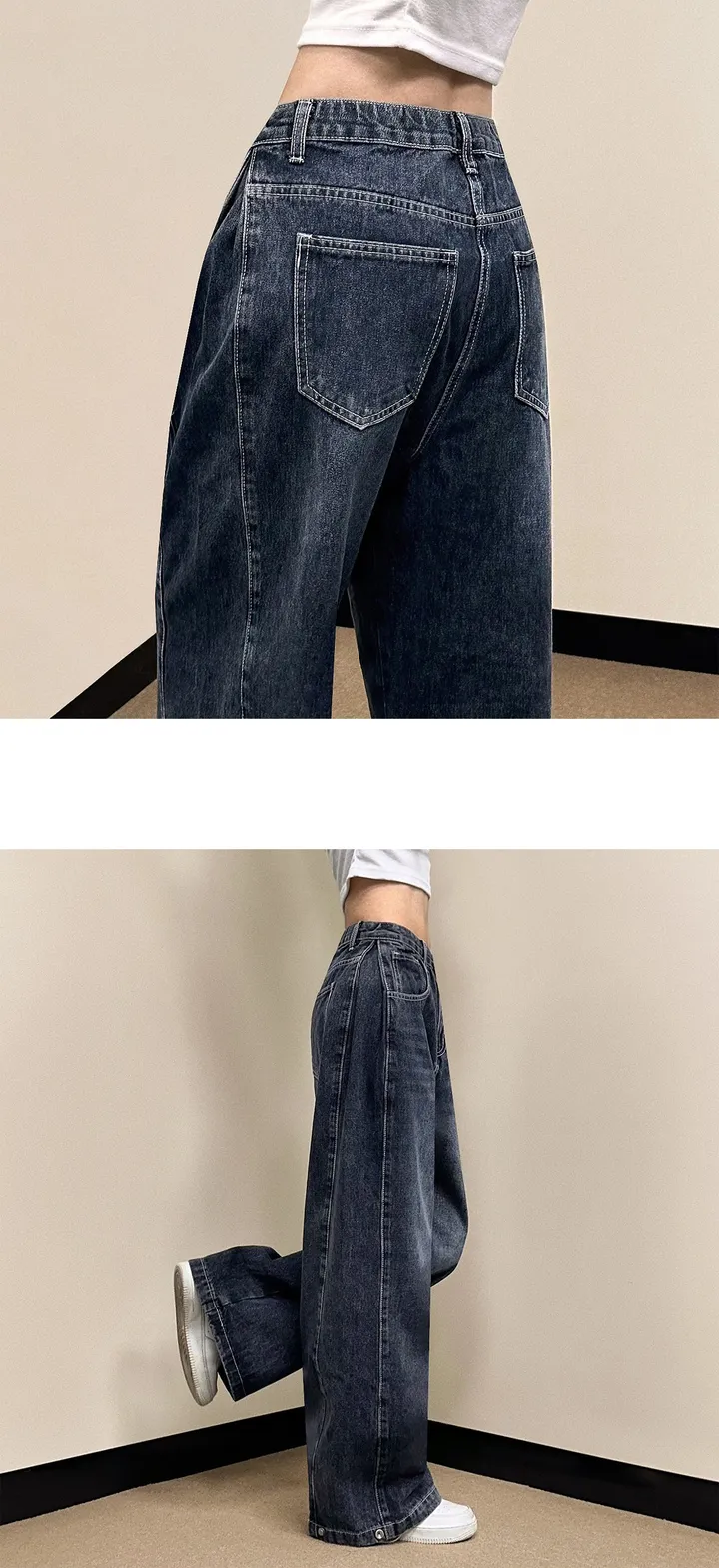 데님버전🐼 [밑단스냅/기장선택!/~XL] 쵸파 폴딩 밑단 스냅 버튼 데님 롱 와이드 팬츠 똑딱이 핀턱 비조 빅사이즈 면바지 키작녀 키큰녀 하이웨스트 사계절 상세 이미지 10
