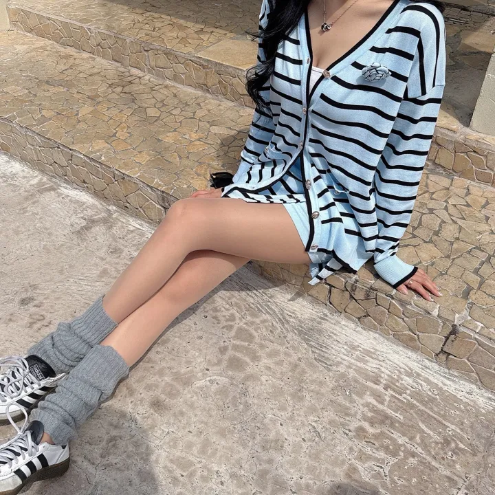 제작진행 [md소장/가디건+치마바지set/브로치포함] 루즈핏 단가라 코사지 플라워 금장 니트 가건 + 하이 밴딩 스트라이프 치마바지 set 상세 이미지 7