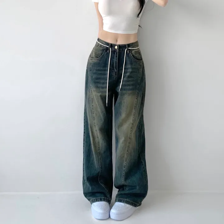 [색감깡패🖤/끈탈부착O] 미드나잇 뒷밴딩 스트링 스트랩 하이웨스트 절개라인 빈티지 워싱 롱 와이드 데님 팬츠 밴딩바지 청바지 사계절청바지 상세 이미지 19