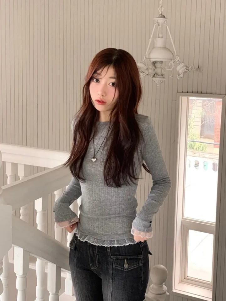 [-3kg🤍여리말라핏]사브리나 여리 레이스 레이어드 프릴 텐션 슬림핏 보트 라운드넥 롱슬리브 티셔츠 4color 상세 이미지 21