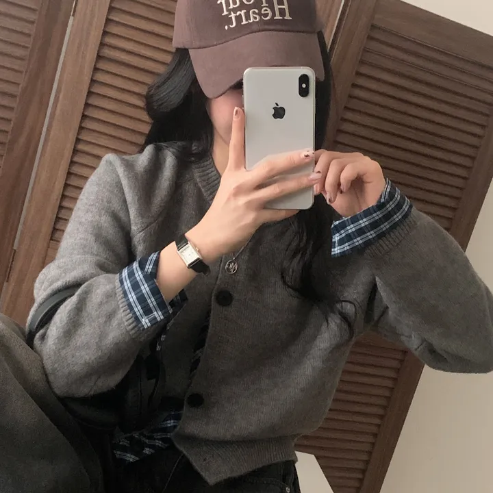 [저렴이X,원단달라요!/긱시크🤍] 버른 체크 레이어드 셔츠 배색 니트 가디건 - 5color 상세 이미지 11