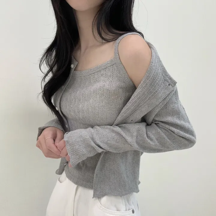 [나시+가디건set/여름까지] 여리여리 로맨틱 무드 펀칭 아일렛 세미크롭 투피스 세트 상세 이미지 6