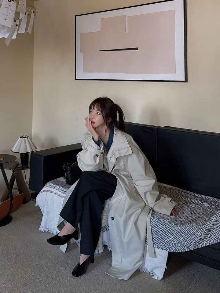 로제 하이넥 오버핏 트렌치코트, 베이직 페미닌 데일리 꾸안꾸 데이트 출근룩(3컬러) 상세 이미지 32