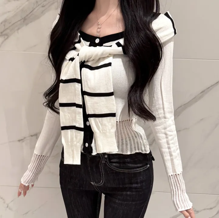 [페이크숄/일체형] 단가라 세라 배색 니트 가디건 상세 이미지 3