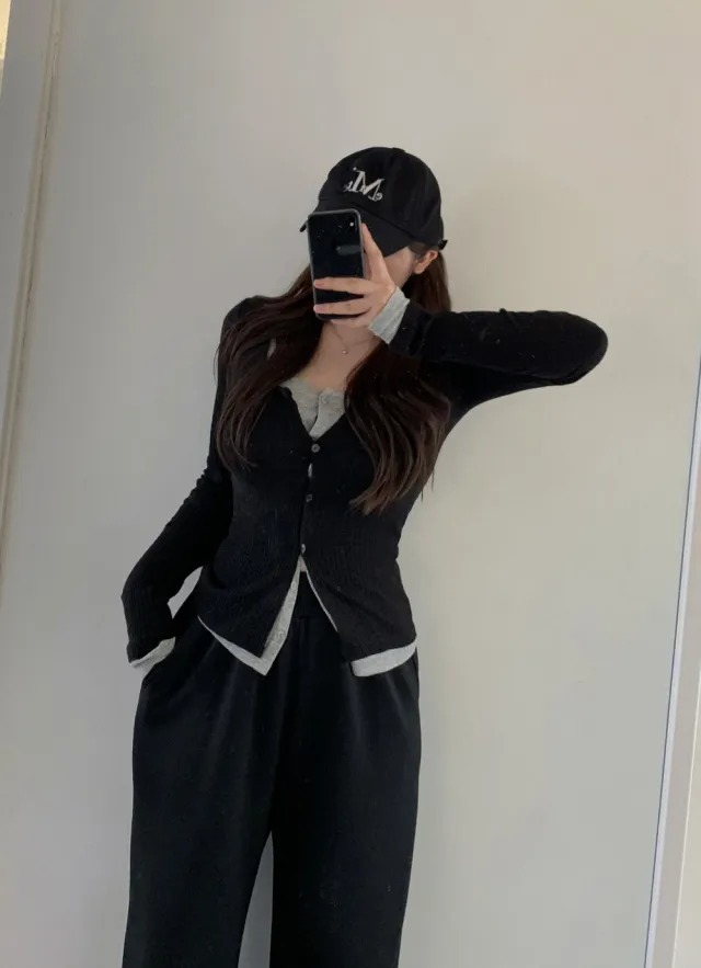 시선 골지 레이어드 배색 단추 가디건 티셔츠4color 상세 이미지 33