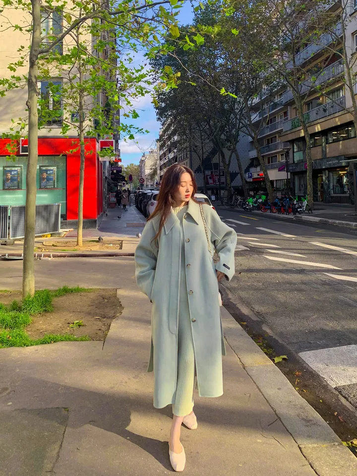 [메리노울100%🤎handmade] 백화점퀄 wool 핸드메이드 롱 울 코트 카라 로브 모직 루즈핏 벨트 싱글 히든버튼 트임 겨울 아우터 네이비 베이지 민트 3col 상세 이미지 21
