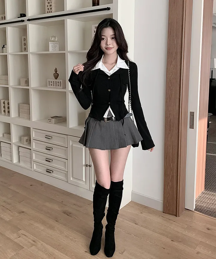 [반팔/긴팔❄일체형💗고퀄ver] 칠리 셔츠 가디건 일체형 레이어드 리본 슬림핏 긴팔 반팔 티셔츠 가디건 봄 겨울 가을 / 하객룩 출근룩 소개팅룩 데이트룩 클래식블랑 상세 이미지 9
