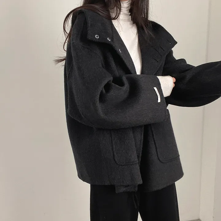 (껴입어도 넉넉한 사이즈) 오버핏 울 핸드메이드 후드 하프코트 상세 이미지 31