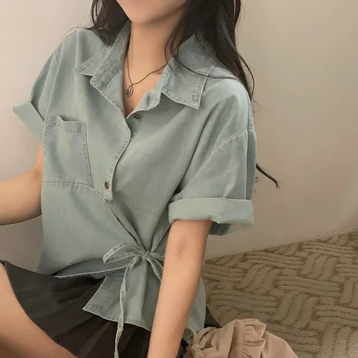 [단독판매🤍/리본포인트!] 데님 사이드 리본 포인트, 루즈핏 카라셔츠 남방 - 2color 상세 이미지 10