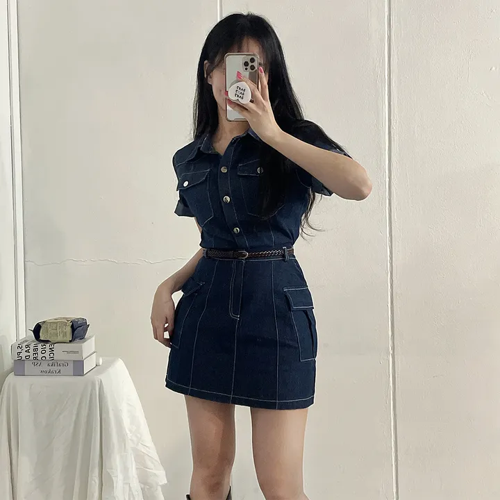 [남방+스커트 SET] 스킬 데님 반팔 남방 셔츠 + 데님 카고 스커트 투피스 세트 (단품or세트구매/2color) 상세 이미지 20