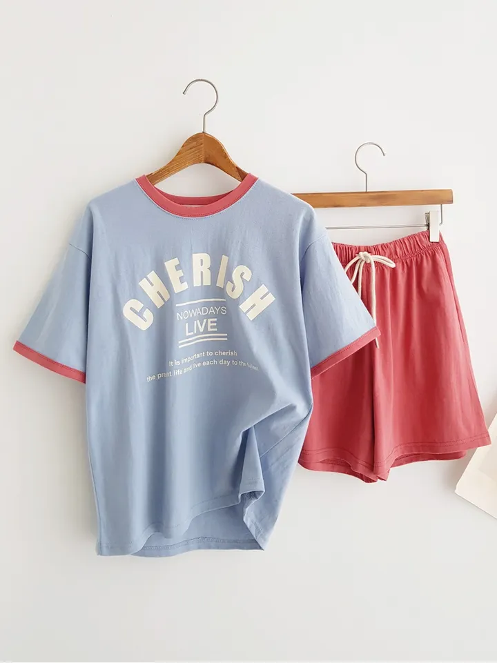 [데일리SET] 꾸안꾸 배색 포인트 레터링 프린트 반팔 티셔츠 밴딩 반바지 여름홈웨어 파자마세트 여름추리닝 트레이닝세트 여름휴가 바캉스룩 물놀이패션 휴양지룩 동남아여행룩 상세 이미지 5