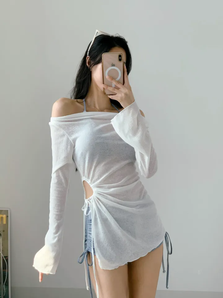 *고퀄* 비키니 커버업 포함 오프숄더 3피스3pcs 블루 나염 홀터넥 체형커버 뱃살커버 수영복 상세 이미지 11
