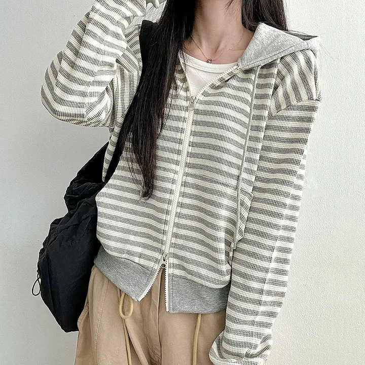 [캐주얼힙/투웨이] 스트라이프 단가라 배색 투웨이 지퍼 세미크롭 얇은 후드 집업 점퍼 봄 가을 간절기 아우터 모즈잔줄배색후드집업 상세 이미지 35