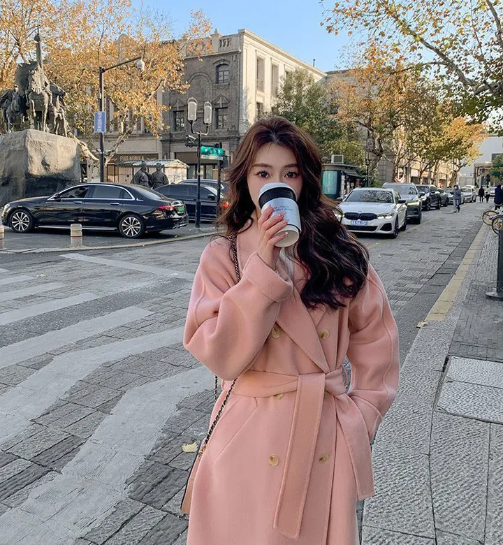 파스텔 더블 버튼 빅카라 테일러드 벨트 모직 롱 코트 상세 이미지 13