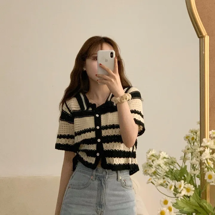 뜨개 카라 펀칭 단가라 크롭 가디건(2color) 상세 이미지 3