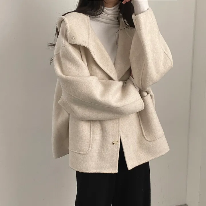 (껴입어도 넉넉한 사이즈) 오버핏 울 핸드메이드 후드 하프코트 상세 이미지 12