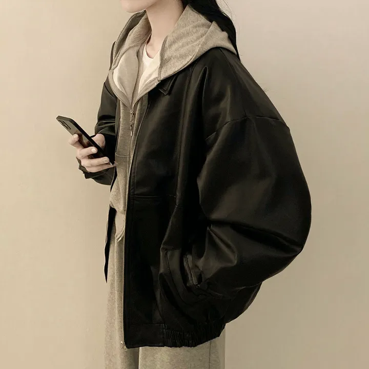 [찐오버핏/고퀄!] 카라 블루종 레더자켓 밴딩 시보리 점퍼 브라운 블랙 상세 이미지 19