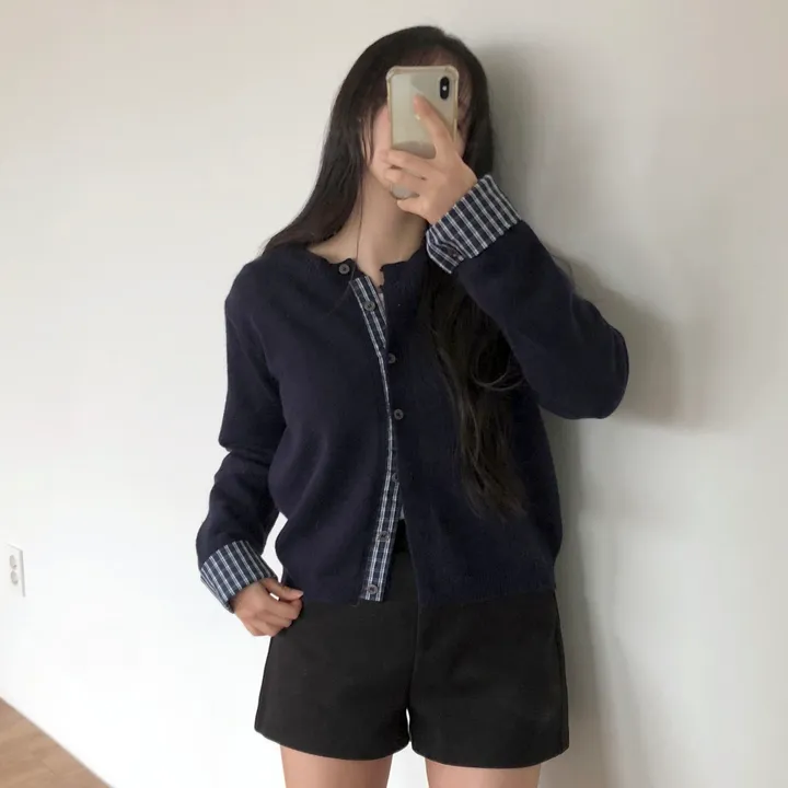 [일체형!]긱시크 체크 배색 레이어드 니트 가디건 2color 상세 이미지 15