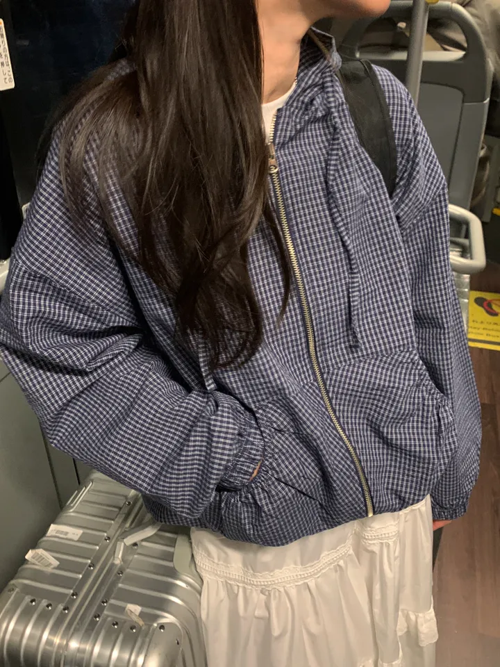 [주문폭주🤍/간절기자켓]콤마 체크 리본 스트링 바람막이 후드셔츠 자켓 - 2color 상세 이미지 1