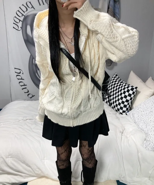 꽈배기 아가일 후드 루즈핏 니트 집업 가디건 3color