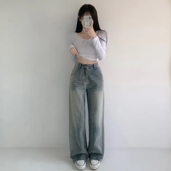 당일출고🚀[특가❤/핏보장] 선데이 원버튼 뒷밴딩 사이드 빈티지 워싱 하이웨스트 와이드 바지 데님팬츠 청바지 사계절청바지 상세 이미지 2