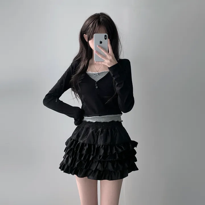 *반팔로발송/긴팔품절* [무채색+러블리/코디세트] 버튼 레이스 리본 배색 페이크 레이어드 긴팔 티셔츠+스모크밴딩 캉캉 미니 스커트 투피스 세트 상세 이미지 19
