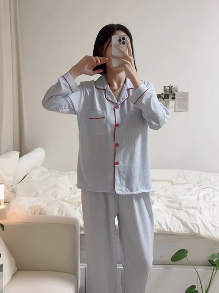 [💙긴팔잠옷set/심플💙]지지미면 잔스트라이프 3타입 컬러배색 잠옷세트 단가라 카라넥 시원한 봄여름가을 사계절 러블리 파자마파티 홈웨어세트 상세 이미지 39