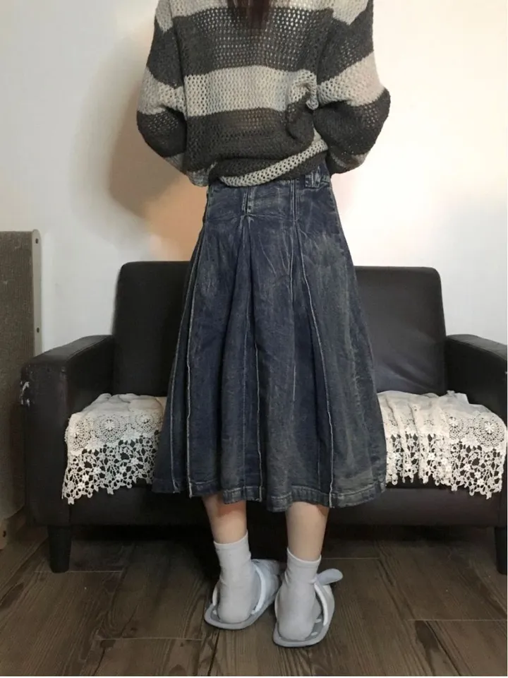 미디 기장 빈티지 워싱 플리츠 데님 스커트 상세 이미지 8