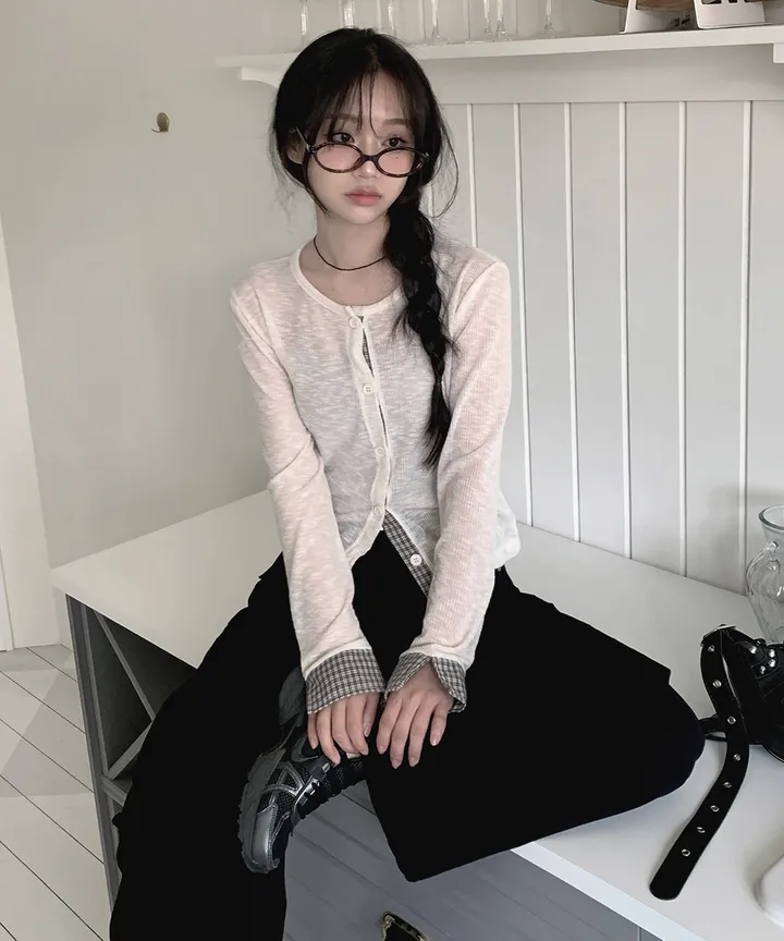 [봄가디건🌷] 띠네 슬럽 배색 체크 커프스 라운드 시스루 니트 가디건 봄 여름 가을 / 봄가디건 여름가디건 레이어드 봄아우터 체크셔츠 뮤잉 상세 이미지 22