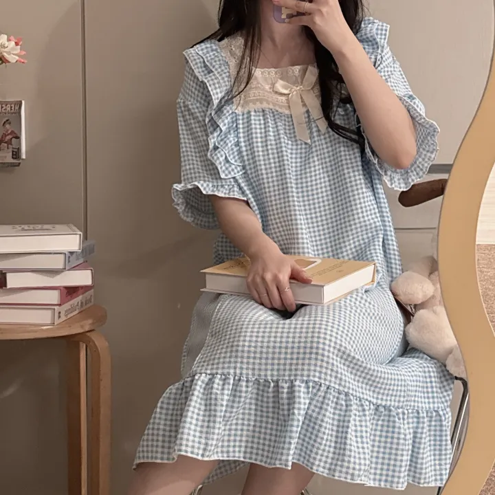 [당일출고/3컬러] 루즈핏 귀여운 스몰 체크 오버핏 반팔 원피스 파자마 잠옷_반팔ops_ver 상세 이미지 39