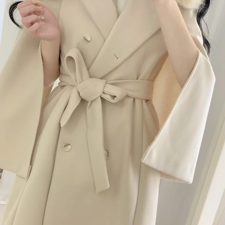 [롱케이프코트💗/고퀄보장✨] 롱VER. 알콩 울 캐시미어 폭스퍼 페이크퍼 밍크퍼 누빔안감 케이프 벨트 버튼 고급 우아 롱 판쵸 코트 망토 자켓 (4color) 연말룩 크리스마스 상세 이미지 21