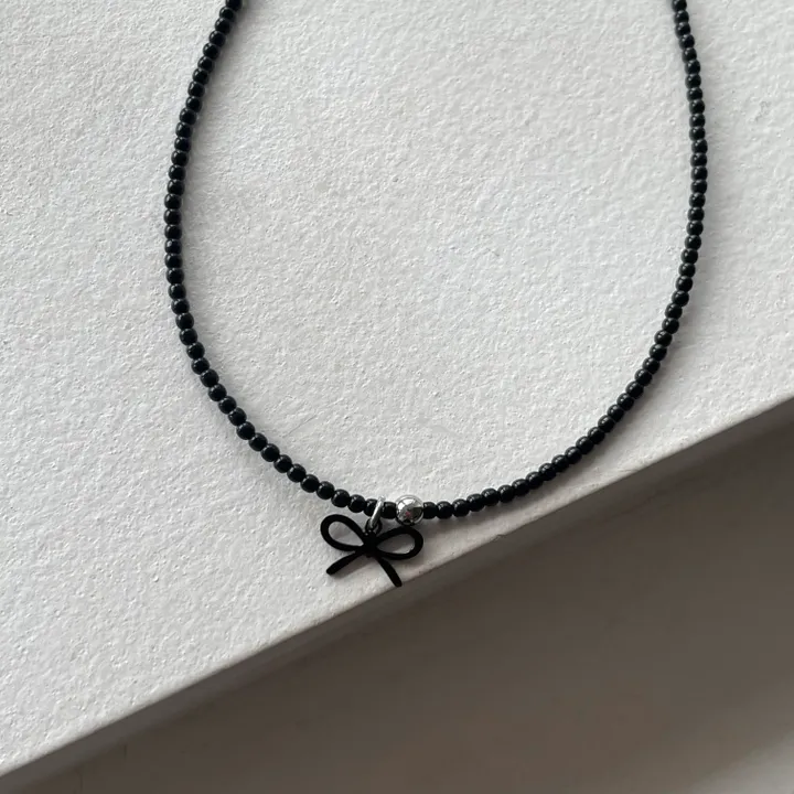 [고퀄!코디추천🖤]비즈 리본 블랙 목걸이 상세 이미지 4