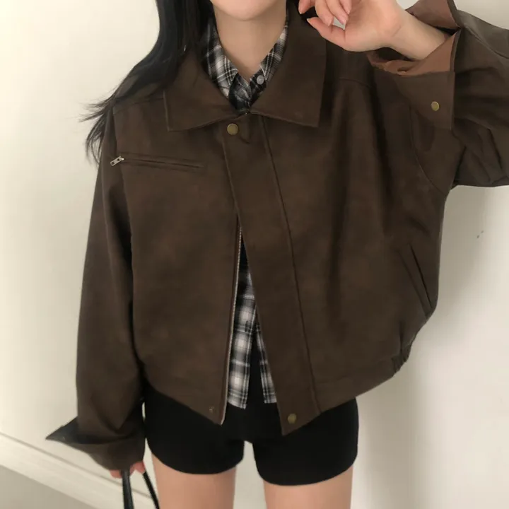 [고급레더!핏보장🤎]매트 무광 오버핏 가죽 레더 스웨이드 블루종 자켓 점퍼 2color 상세 이미지 5