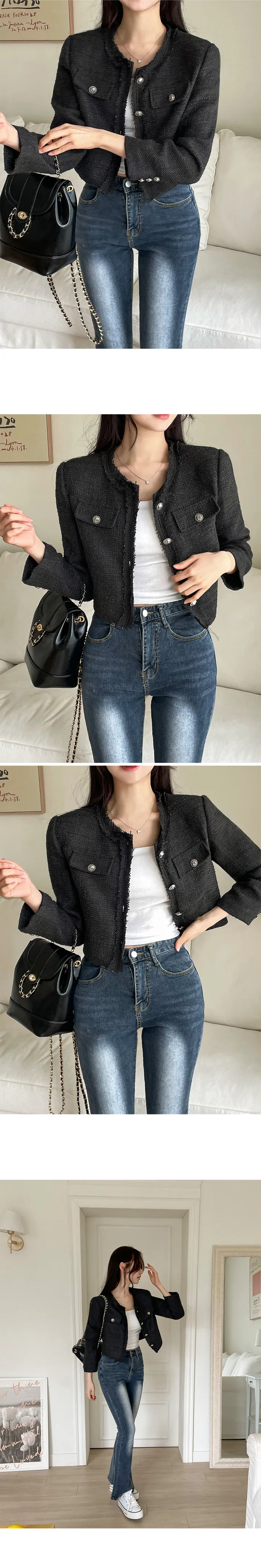 제퍼 봄 가을 하객룩 벚꽃룩 수술 노카라 라운드넥 숏 크롭 트위드 자켓 상세 이미지 8