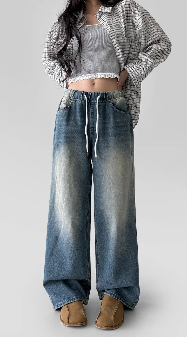[~2XL] 마블 소프트 워싱 허리 밴딩 와이드 일자핏 데님 팬츠 바지 상세 이미지 4