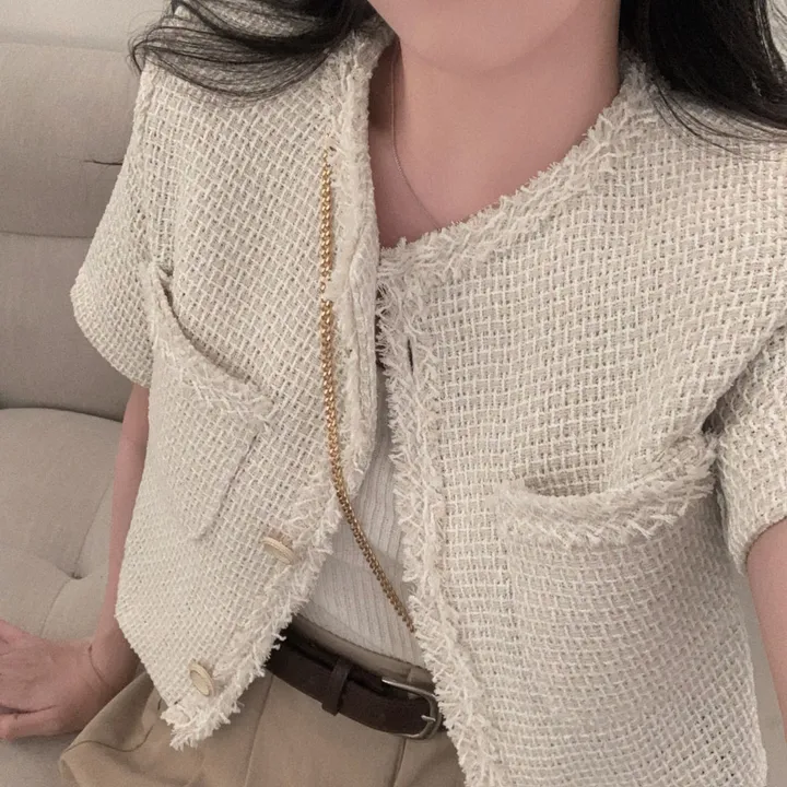[여름하객룩🖤/고퀄리티]여름에도 고급스럽게 즐기는,하객 탄탄 썸머 트위드 반팔 크롭 루즈핏 자켓 상세 이미지 33